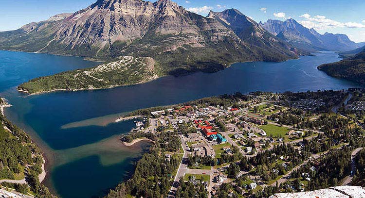 The view of Waterton town and lake from the top of Bear Hump.