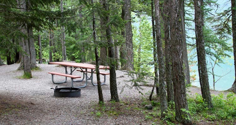 A picnic table nestled among evergreen trees next to a blue lake