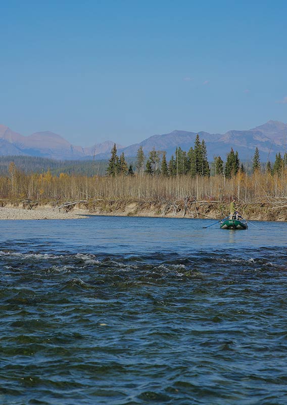 A fisher rafts along a river between forests.