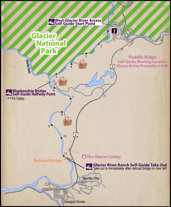 Map showing the location of Paddle Ridge and self-guided rafting route.