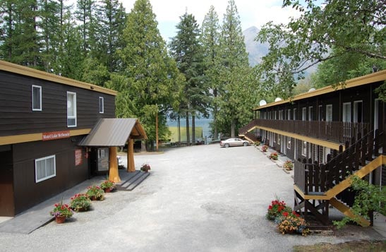 Two motel buildings nestled between conifer trees.