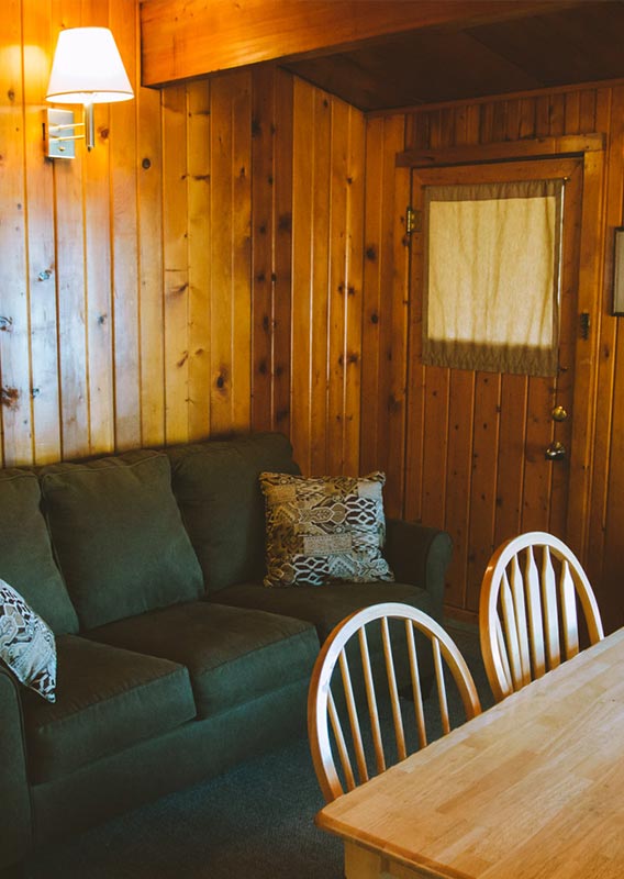 a couch and table in a wooden lodge