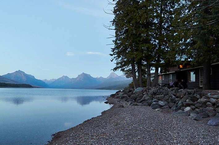 Apgar Village Lodge cabins along Lake McDonald at dusk