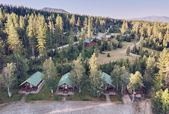 An aerial view of a group of wooden cabins nestled between conifer trees.