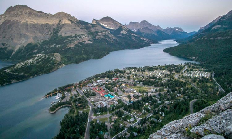 View over Waterton Lake and the town of Waterton