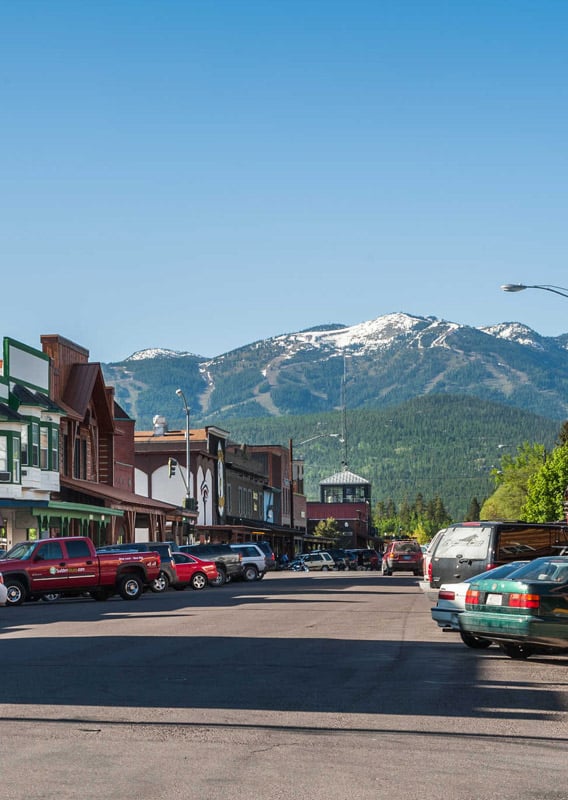 A view down Central Avenue in downtown Whitefish, Montana, looking towards Whitefish Mountain Resort