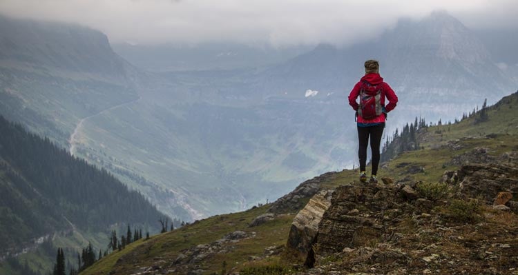 A hiker stands in an alpine meadow overlooking a wide valley