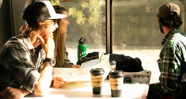 A group of people look out a train window, out towards forests.