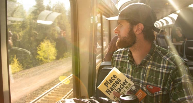 A man looks onto forests outside the window of a train.