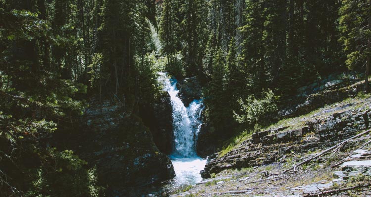 A waterfall rushes between forests and rocky terrain.