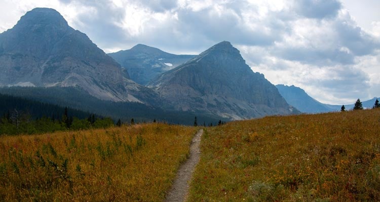 A trail cuts through an orange alpine meadow with tall rocky peaks behind.