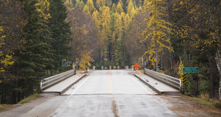 A road bridge surrounded by trees.