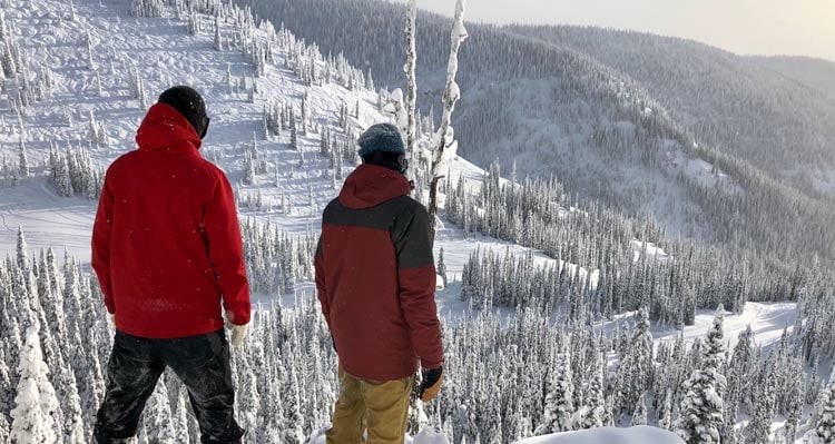 Two snowboarders look over a snowy mountainside