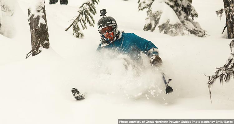 A skier using a sit ski speeds through deep snow between trees.