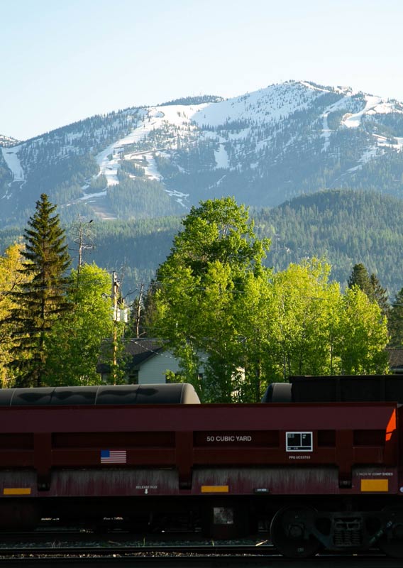 A panoramic view of orange and green trees below snow-covered mountains across from Whitefish Lake.