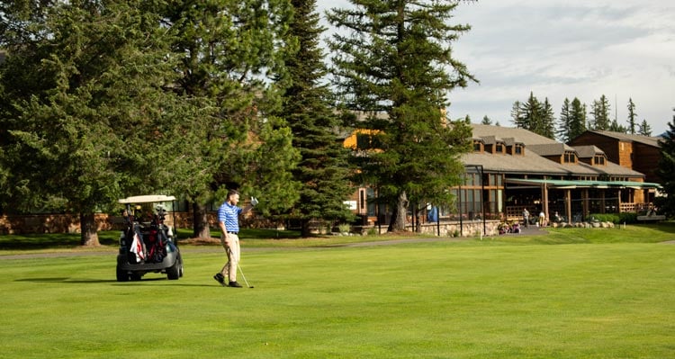 A golfer getting ready on a lush lawn.