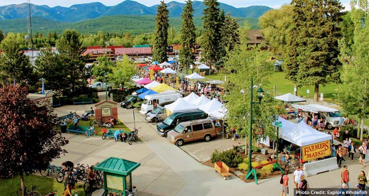 A farmers' market set up in a leafy park.