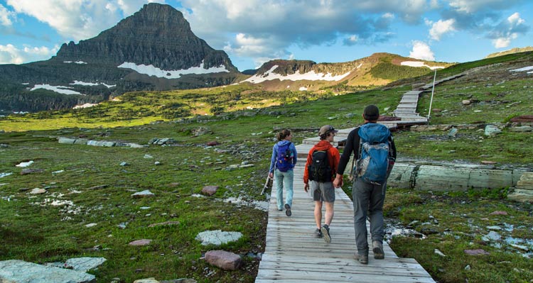 Three hikers walk along a boardwalk through an alpine meadow and look towards a tall mountain.
