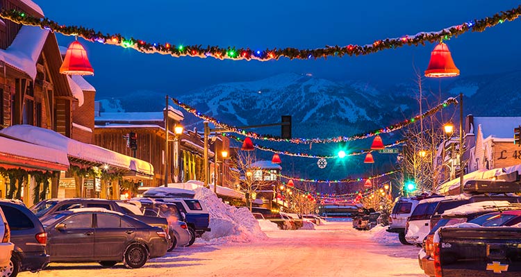 A view of Central Ave decorated for Christmas in downtown Whitefish