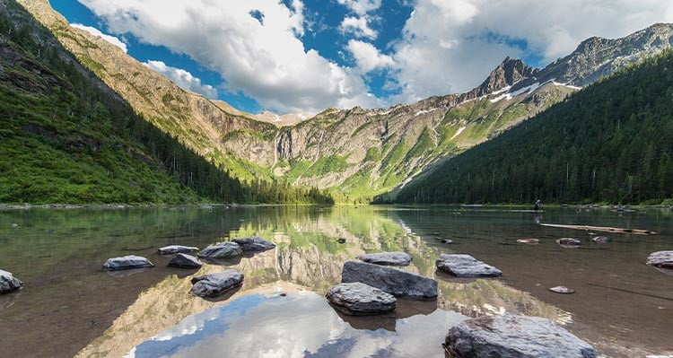 A view of a calm lake nestled between rocky mountains.