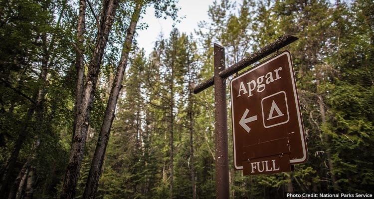 A sign in the forest with a camping iconography and the title Apgar above.
