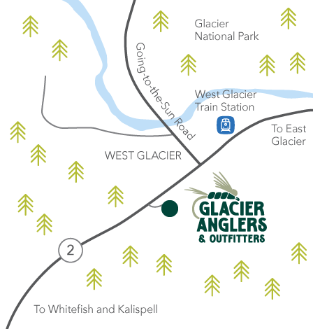 Map showing location of Glacier Anglers and Outfitters