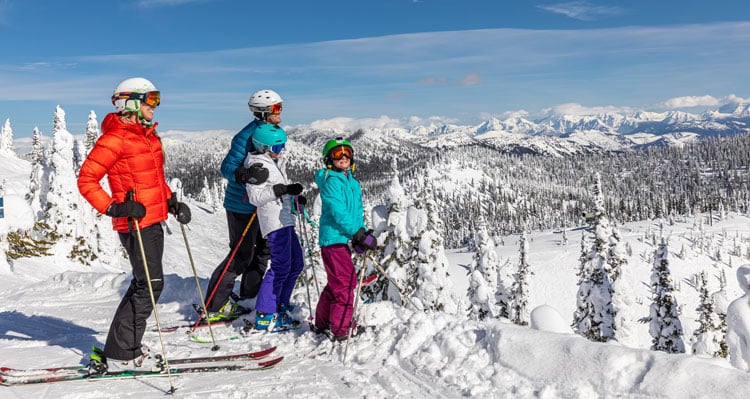 A family on skis taking in the mountain view