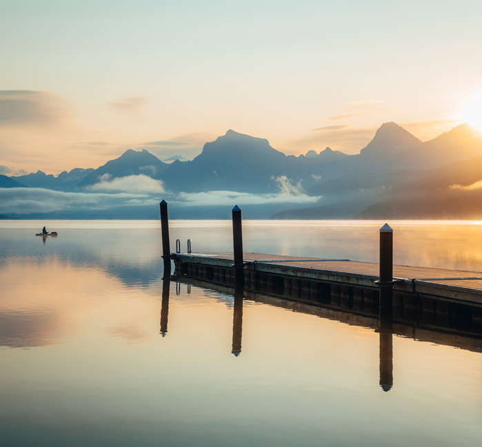 The dock at Lake McDonald at sunset