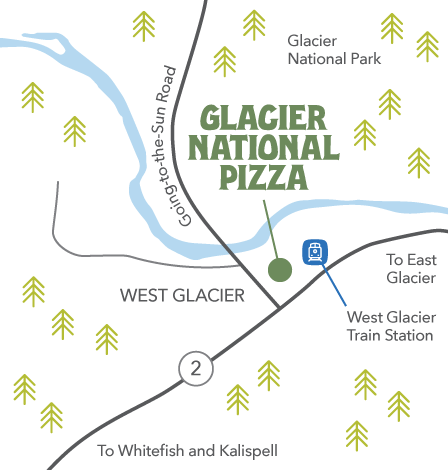 Map showing the location of Glacier National Pizza in West Glacier, MT.