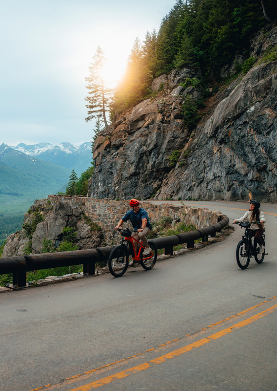 Two people biking down Going-to-the-Sun Road.