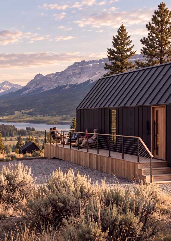 A rendering of a cabin atop a ridge overlooking a mountain landscape