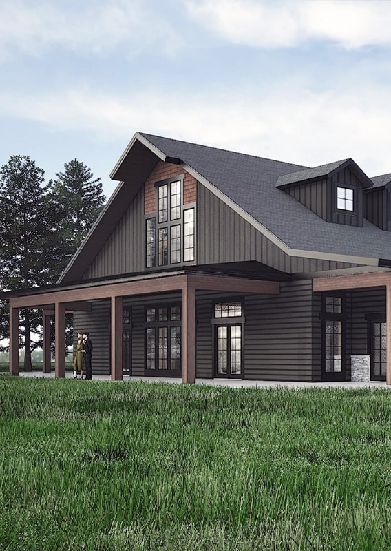 A rendering of a wooden building between a green lawn and forest.