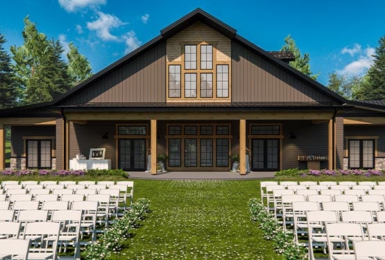 A rendering of a large wooden building with chairs set up for a wedding.