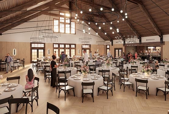 A rendering of the interior of the new Pavilion showing guests at a wedding.