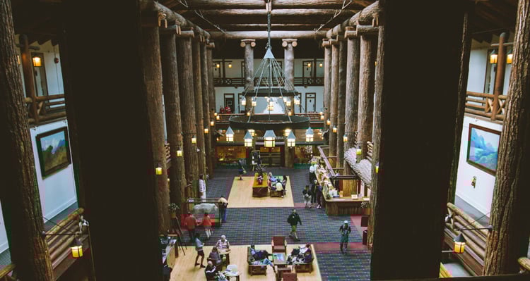 A historical photo of the Glacier Park Lodge interior