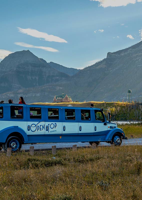 A historic-style touring car parked on the side of a meadow below mountains.