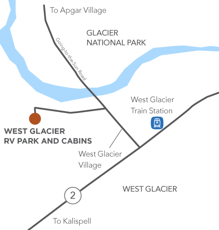 A graphic map of the location of West Glacier Cabins and RV Park