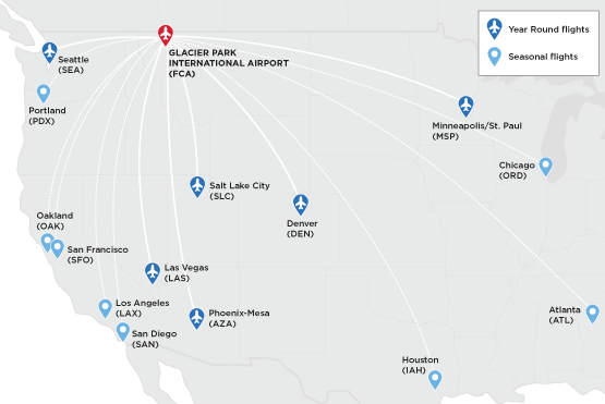Map graphic of all the airlines that fly into Glacier Park International Airport.