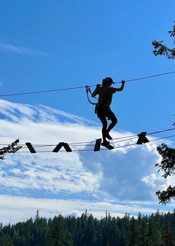 An upshot of a person walking along a tree bridge with clouds in the background.