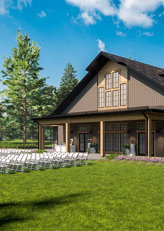 A rendering of a wooden building between a green lawn and forest.