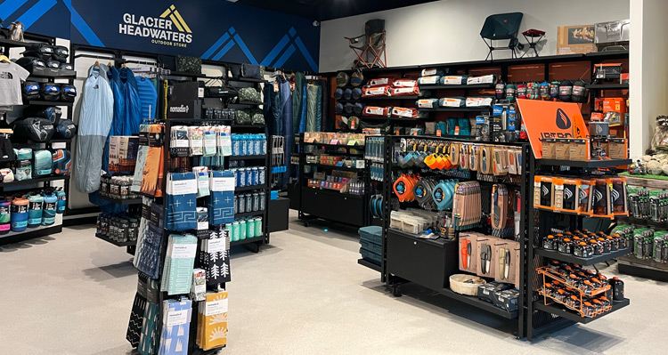 An interior view of the Glacier Headwaters Outdoor Store.