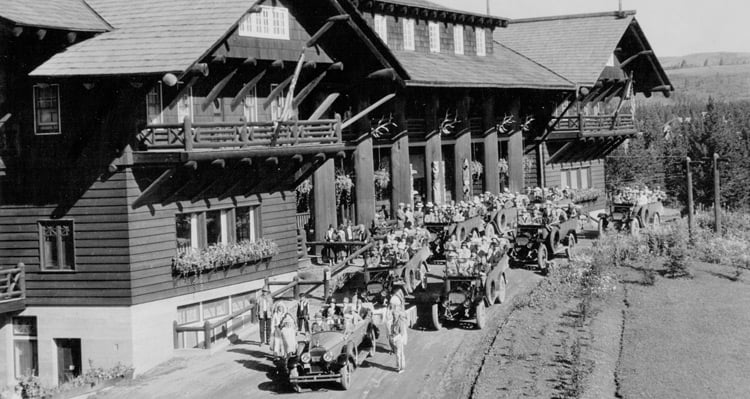 A historical photo of the exterior view of Glacier Park Lodge