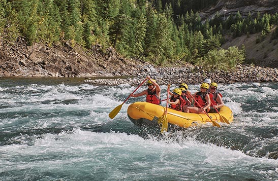 A group of rafters under a bridge