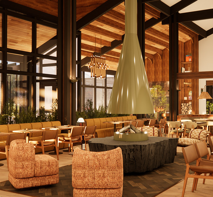 A rendering of the interior of a hotel lobby.